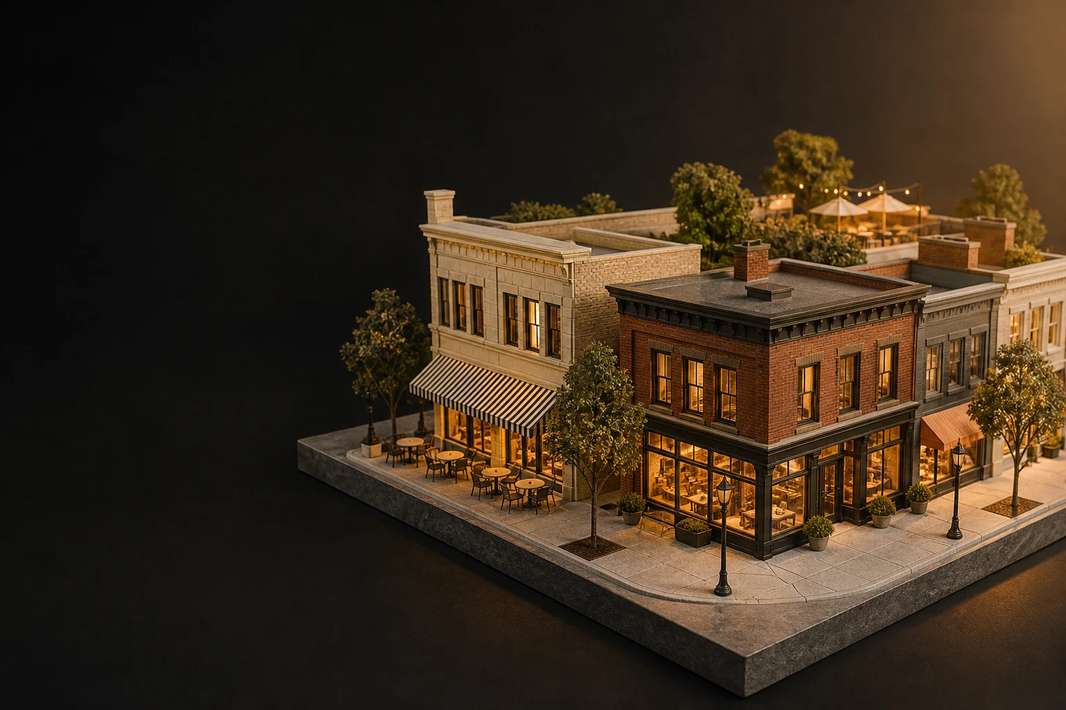An architectural miniature of a neighborhood of warmly lit local shops