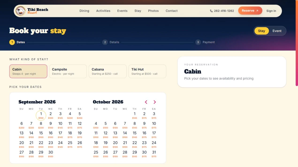 Tiki's online booking page and availability calendar